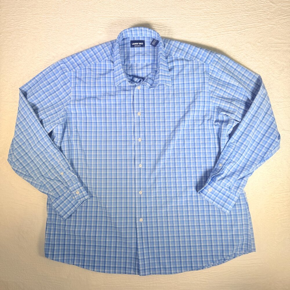 Lands End‎ Mens Size XXL 18-18.5 34/35 Blue Plaid Long Sleeve Regular Fit Button